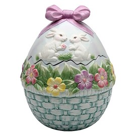 StealStreet SS-CG-10279 7.38" Ceramic Egg Shaped Cookie Jar with Flowers and Rabbits