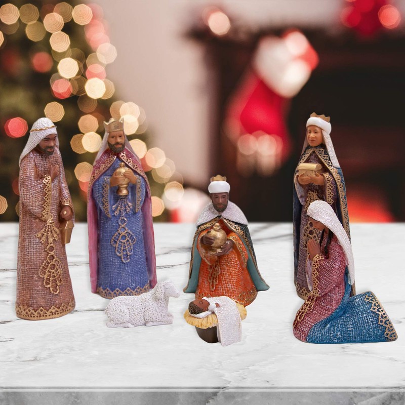 African American Expressions - Nativity Scene Figurine Set, 7 Pieces,