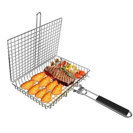 SWINGTEK Fish Grilling Basket, Folding Portable Stainless Steel BBQ Grill Basket for Fish Vegetables Shrimp with Removable Handle, with Basting Brush and Storage Bag