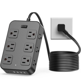 Solidock Power Strip Surge Protector 5 Ft Extension Cord with 12 AC Outlets 6 USB Ports Flat Plug 3-Sided Outlet Extender Home Office Kitchen Dorm Room Wall Desk Charging Station ETL Listed Black