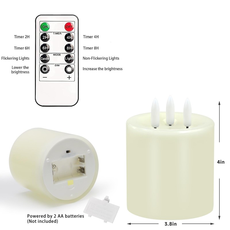 Large 3 Wick Flameless Candles, 4"x4" Flickering Flameless Candles with