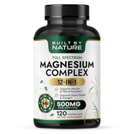 Built by Nature Complejo de magnesio 500 mg - 5 formas de glicinato, citrato, malato, óxido y aquamina de magnesio con 72 oligoelementos - Quelado... 