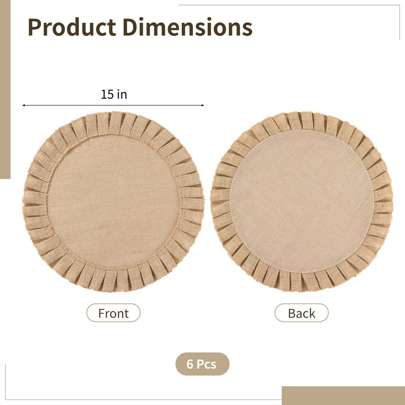 6 Pcs Round Burlap Placemats, 15 Inch Reusable Table Mats,