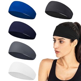 Pack of 5 Sports Headbands for Men and Women, Double Sided Moisture Wicking Workout, Sweatband, Non-Slip, Men's Headband, Highly Stretchy Hair Band for Yoga, Running, Cycling, Basketball