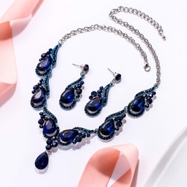EVER FAITH Women's Crystal Luxury Wave Waterdrop Bridal Necklace Earrings Set Sapphire Blue Silver-Tone