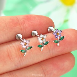 MeIighting Flower Helix Earring 16G Internally Threaded Flat Back Earring Stainless Steel 316L Cartilage Earring Clear CZ 8 mm Tragus Stud for Women Conch Earring