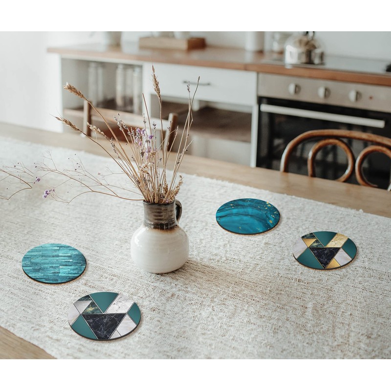 4 x Round Art Deco Coasters - Teal Blue Agate