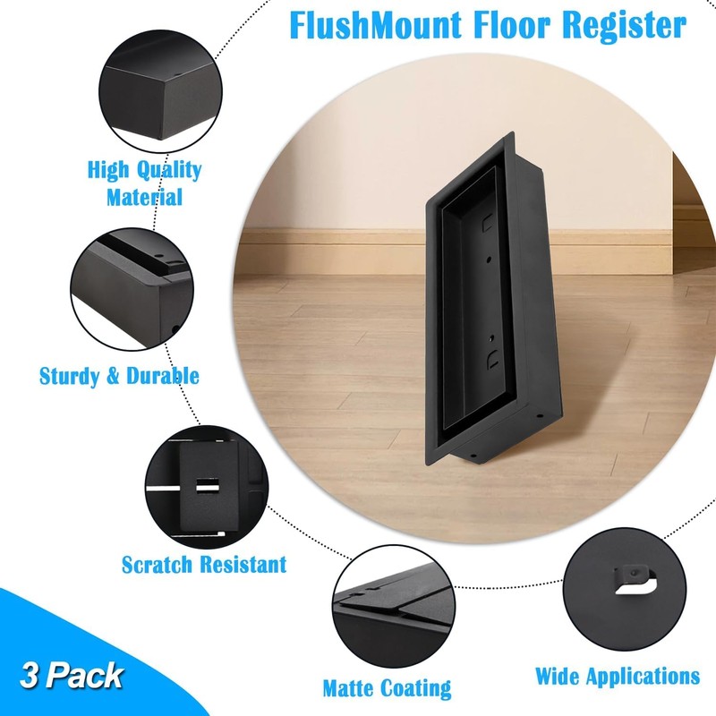 3 Pack 4x10 Flush Mount Floor Register – Heavy-Duty Matte