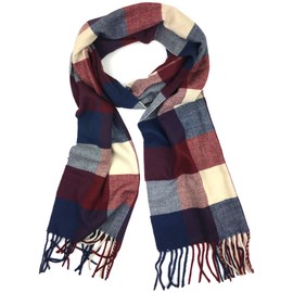 Plum Feathers Plaid Check and Solid Cashmere Feel Winter Scarf (Burgundy-Navy-Beige Check)
