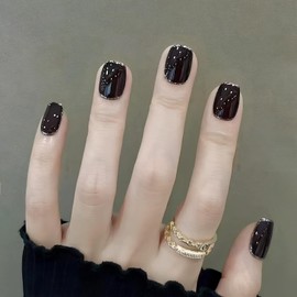 ALLEVG Nail Tips, Black, 24 Pieces, Nail Tips, Short, Autumn and Winter, Popular, Japanese Style, Cute, Simple, Stylish, Coming of Age Ceremonies, School Entrance Ceremonies, Graduation Ceremonies