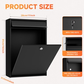 ZhouDaShu Wall Mounted Locking Mailbox with Key Lock for Outside, Large Capacity Lockable Drop Box, Auto-Shutdown Tamper Resistant Mailbox for Letters, Newspapers, Cards, 16''x11''x4.6''-Black