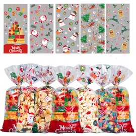 Christmas Cellophane Treat Bags, Xmas Clear Gift Bags Candy Goodies Bags with Twist Ties for Christmas Party Supplies Favors (100pcs)