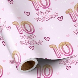 RUSPEPA 10th Birthday Wrapping Paper Girls, Hearts and Pink Number 10 Balloons Happy Birthday Design, 10 Years Old, Mini Roll, 17 Inches x 16.4 Feet, Perfect for Girls' Birthday Party Gifts