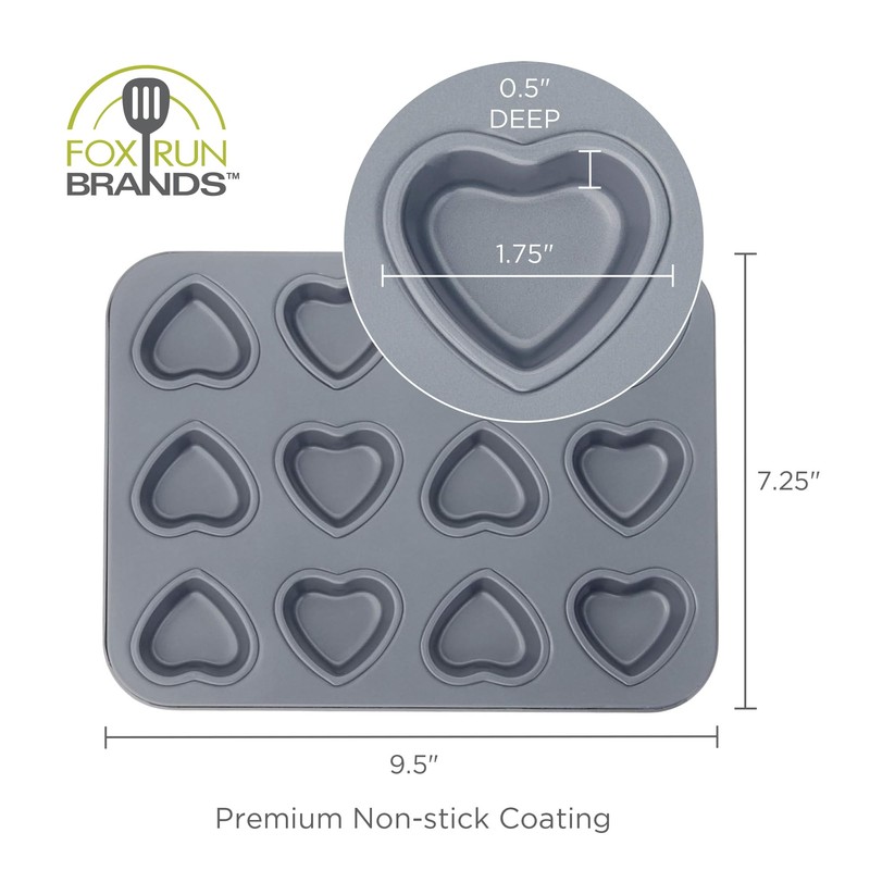 Fox Run Mini Heart Muffin Pan, 12-Cup, Preferred Non-Stick, Gray