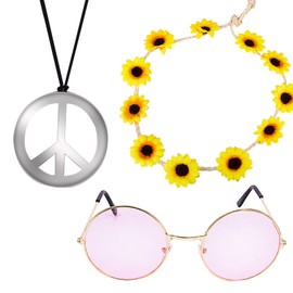 3 Pieces Hippie Accessories Set Peace Sign Chain Sunflowers Headband Round Decorative Sunglasses Silver Peace Sign Pendant Retro Fancy Dress for 60s 70s 80s Costume Accessories Party Women Men