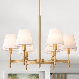 QMNHAU Gold Chandelier for Dining Room, 6-Light Modern Farmhouse Brass Kitchen Chandeliers with White Fabric Shade, 27'' Rustic Vintage Hanging Pendant Light Fixture for Living Room Bedroom Foyer