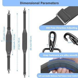 ZinMark Shoulder Strap 59 inch with Fixed Pad and Dual Balance Buckles and Swivel Metal Hooks for Laptop Bags, Messenger Bags, Briefcase Bags, Luggage Bags, Tool Bags, Travel Bags and Most Bags,Gray