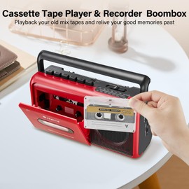 G Keni Portable Cassette Player Boombox AM/FM Radio Stereo, Casette Tape Player Recorder with Earphone Jack Battery Operated or AC Powered (Red)