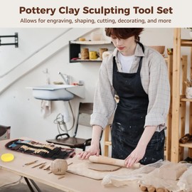 48 PCS Clay Sculpting Tools, Wooden and Metal Pottery Carving Kit with Roll-up Storage Bag, Versatile Tips for Beginners and Professionals