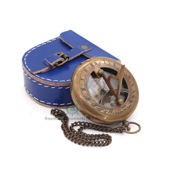 Roorkee Instruments Antique Nautical Vintage Directional Magnetic Sundial Clock Pocket Marine Compass Essential Baptism Gifts with Blue Leather Case + Chain for Loved Ones, Partner, Spouse, Fiancé 3"