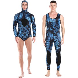 3mm Neoprene Spearfishing Wetsuit with Hooded, 2-Pieces Long Sleeve Camouflage Hunting Diving Suit with Chest Pad for Cool Water Snorkeling Freediving (Blue, Medium)