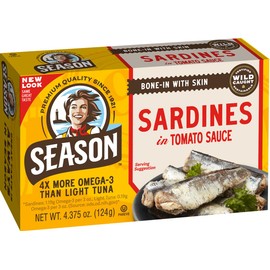 Season Sardines in Tomato Sauce - Wild Caught, 22g of Protein, Keto Snacks, More Omega 3's Than Tuna, Kosher, High in Calcium, Canned Sardines - 4.37 Oz Tins, 6-Pack