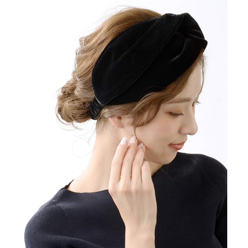 VINGTAINE Velour Black Turban Hair Band Cross Headband Wide Volume
