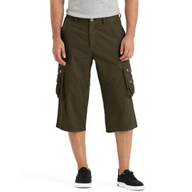 BEST SOUTH 3/4 Capri Long Cargo Shorts for Men Below Knee 18 Inches Pants Cotton Olive Green 32