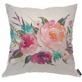 AOYEGO Watercolor Turquoise Pink Flowers Throw Pillow Cover Floral Plant Elegance Beautiful Botanical Leaves Ink Pillow Case 18x18 Inch Decorative Men Women Room Cushion Cover for Home Couch