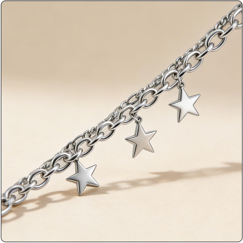 Fusamk Women’s Star Bracelet Stainless Steel Link Chain, Double Layer