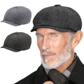 JSTHHTT 2 Pcs Mens Tweed Flat Caps, Newsboy Cap, Adjustable Berets, Duckbill Hat, Hunting Hats for Men, Spring Autumn Winter, 56-59CM (Black, Gray)