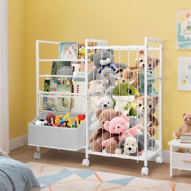 artgeeker 3-in-1 Kids Bookshelf & Stuffed Animal Storage with Wheels, Metal Bookcase with PVC Display Shelf & Cloth Toy Box, Sturdy Book and Toy Organizer for Kids Room, Nursery, Playroom (White)