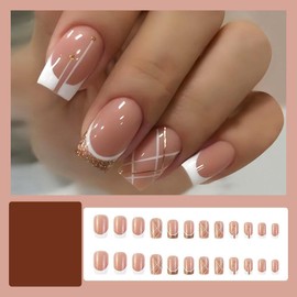 Press on Nails Medium Short Square Nude White Gold French Tip Fake Nails Short with Designs Full Cover False Nails Square French Tip Glue on Nails Cute Short Square Acrylic Thick Stick on Nails for Women Nails Art 24Pcs YLW2