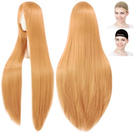 CaseEden 6175 Premium Cosplay Wig, Smooth, Long, Straight, 39.4 inches (100 cm), Gold, Dark Blonde Hair