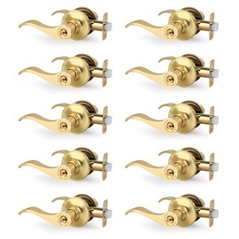 Moquin Brushed Gold 10 Pack Wholesale Wave Design Keyed Entry Door Lever with Lock(Keyed-Alike), Reversible Door Handle for Right/Left Side Front/Entrance Door Lock, Satin Brass Finish