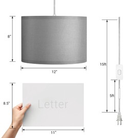 DEWENWILS Plug in Hanging Light, Hanging Light with 15Ft Clear Cord, On/Off Switch, with Light Grey Fabric Lampshade, Hanging Light Fixture for Bedroom, Kitchen, Living Room, Dining Table