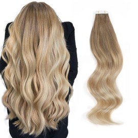 ABH AMAZINGBEAUTY HAIR Remy Tape-In Hair Extensions, Invisible Sun Kissed Balayage Hair, Ash Brown Transitioning to Dirty Blonde with Blonde, Real Hair Extensions Tape #B8-18-60, 20 Pieces, 50 g, 50