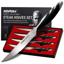 KONOLL Steak Knives Set of 4 Steaks Knife Half Serrated Blade German High Carbon Steel Full Tang Handle