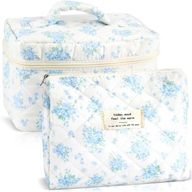 URSKYTOUS Quilted Makeup Bag for Women Floral Extra Large Small Travel Cosmetic Bag Big Cute Makeup Pouch Portable Toiletry Bag Organizer Coquette Vintage Puffy, CJ 2PCS Pale Blue