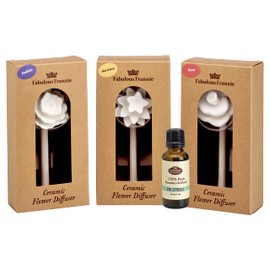 Fabulous Frannie De-Stress Aromatherapy Ceramic Flower Diffuser with 30ml Pure Essential Oil Blend made with Grapefruit, Ylang Ylang and Lavender Essential Oils 3pk Set.