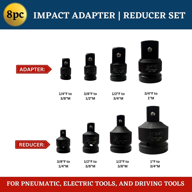 ATE Pro. USA - 8pc Impact Socket Adapter Reducer Set,