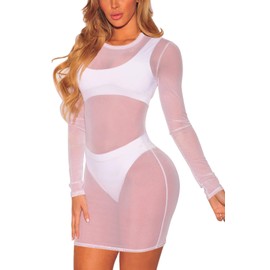 Jumppmile Women's Sheer Mesh Long Sleeve See Through Bathing Suit Bikini Cover Up Dress for Swimwear M White