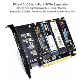 Rongdeson LM417 Quad NVMe SSD to PCIe 4.0/3.0 X16 Adapter Card, Supports 4-Drive M.2 NVMe, RAID, Boot, Required Mainboard with Built-in PCIe Bifurcation/Splitting