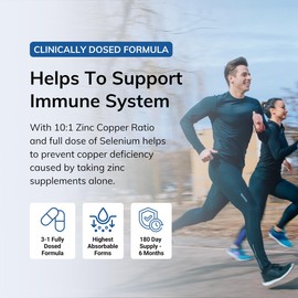 BONUS SIZE Zinc Copper Selenium, 180 Capsules - 3 In 1 Mineral Complex, Zinc Copper Supplement, Supports Immune System, Zinc Supplement For Men & Women, 6 Month Supply, Made In Canada