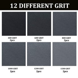 12PCS Sandpaper, 120 to 3000 Mixed Grits Assorted Sanding Paper Pack, Fine & Coarse Wet & Dry Waterproof Polishing Abrasive Paper Sheets for Wood Walls Metal Plastic Furniture 9 x 3.6 Inches