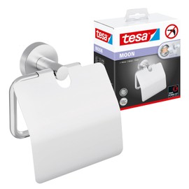 tesa MOON Portarotolo WC con Coperchio - Porta Carta Igienica Adesivo in Metallo Cromato Lucido senza Perforazione, per Bagni - Colla Rimovibile inclusa, 53 mm x 140 mm x 128 mm