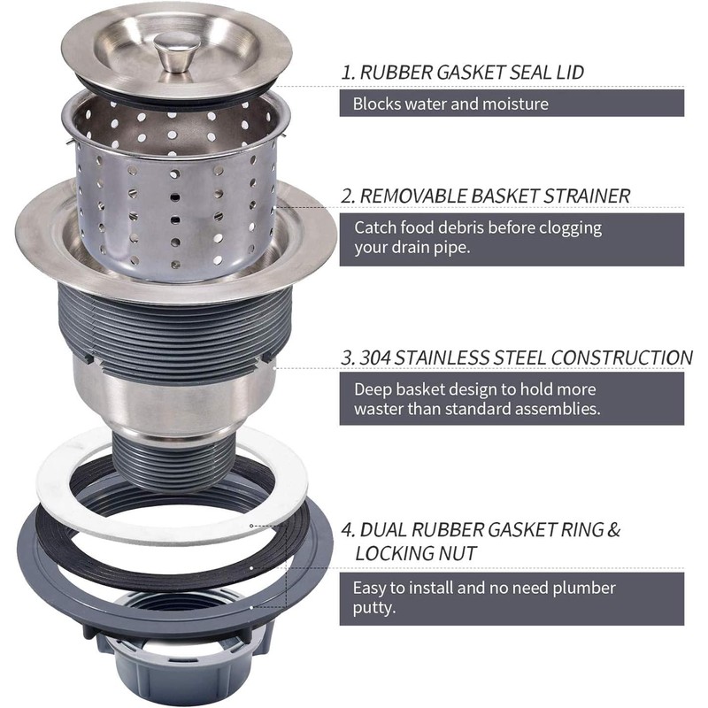 Oakland 3-1/2 Inch Sink Drain Assembly Kit, Removable Deep Sink