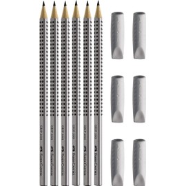 Faber-Castell Grip 2001 Pencil in 6 Pack HB Hardness Case Colour Silver HB + 6 Eraser Caps