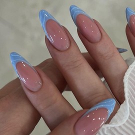Press on Nails Medium Oval French Tip Fake Nails Nude False Nails with Designs Blue on Border Glossy Full Cover Glue on Nails Stick on Nails Acrylic Nails for Women Girls 24 Pcs
