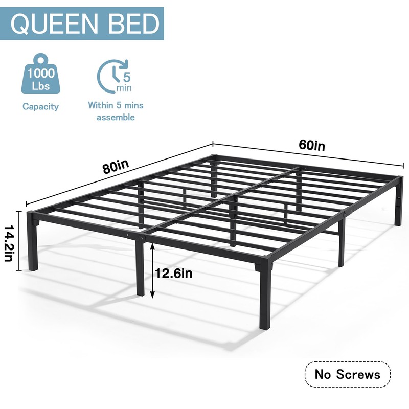 VECELO Queen Size Bed Frame/Quick Lock No Screws Metal Platform/Mattress